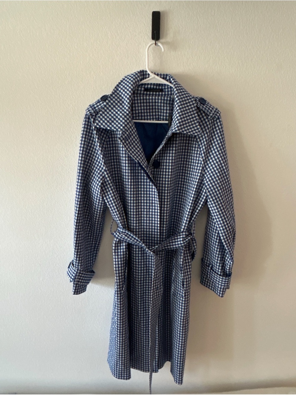 Elie Tahari Navy Gingham Belted Trench Coat